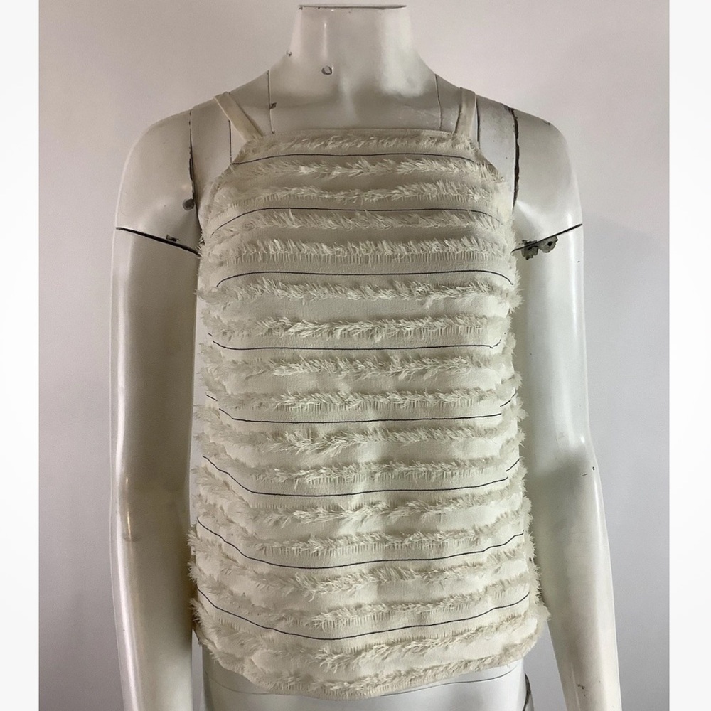 Anthropologie Sz 0 Boho Fringe Open Back Tank Top Cream Polyester Striped